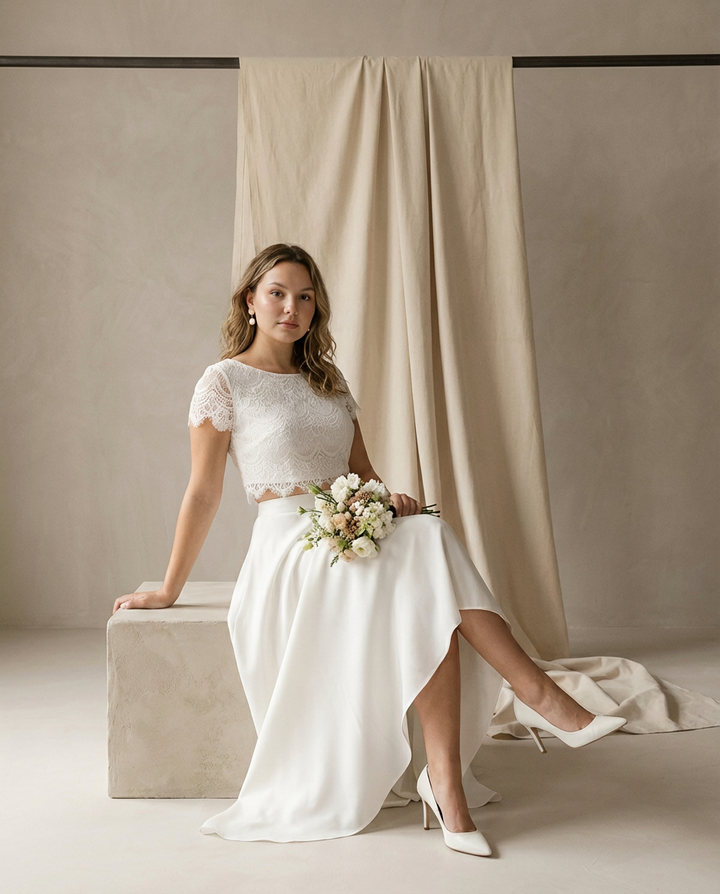 Suknia Ślubna Koronkowa | Regularny Krój | Zwiewna Spódnica Maxi | Na Wesele