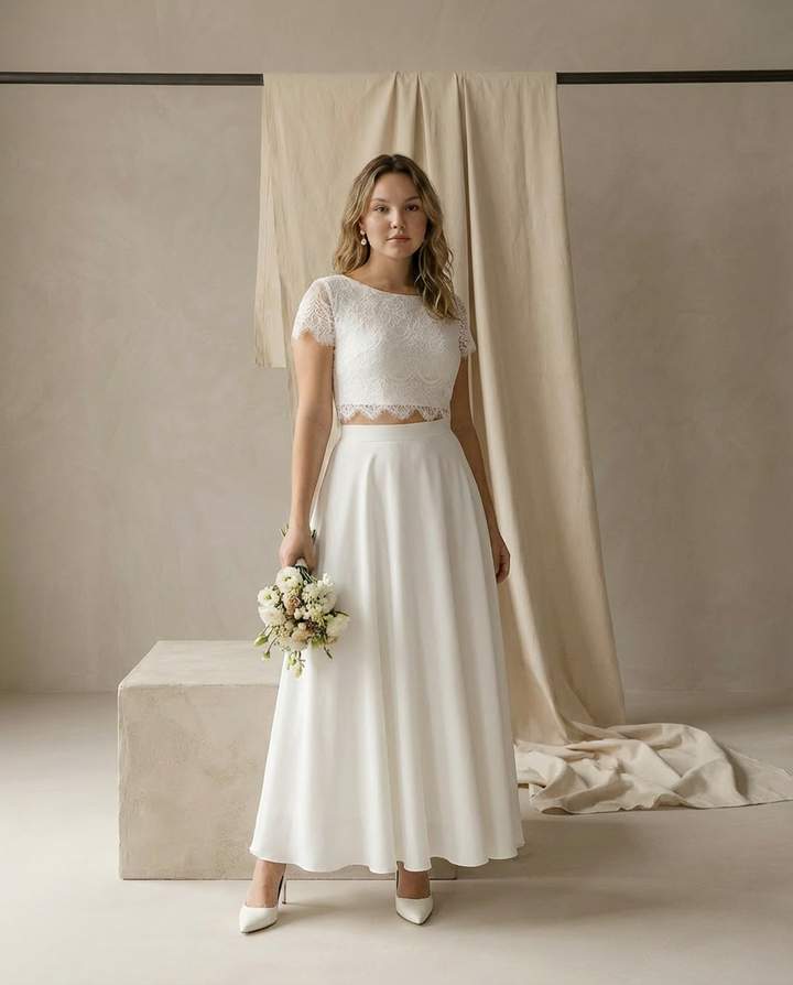 Suknia Ślubna Koronkowa | Regularny Krój | Zwiewna Spódnica Maxi | Na Wesele