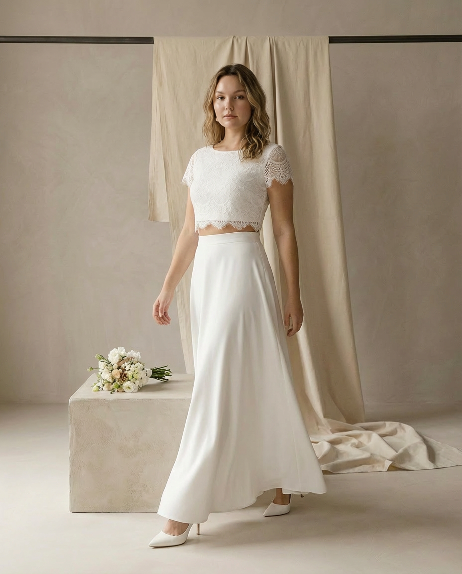 Suknia Ślubna Koronkowa | Regularny Krój | Zwiewna Spódnica Maxi | Na Wesele