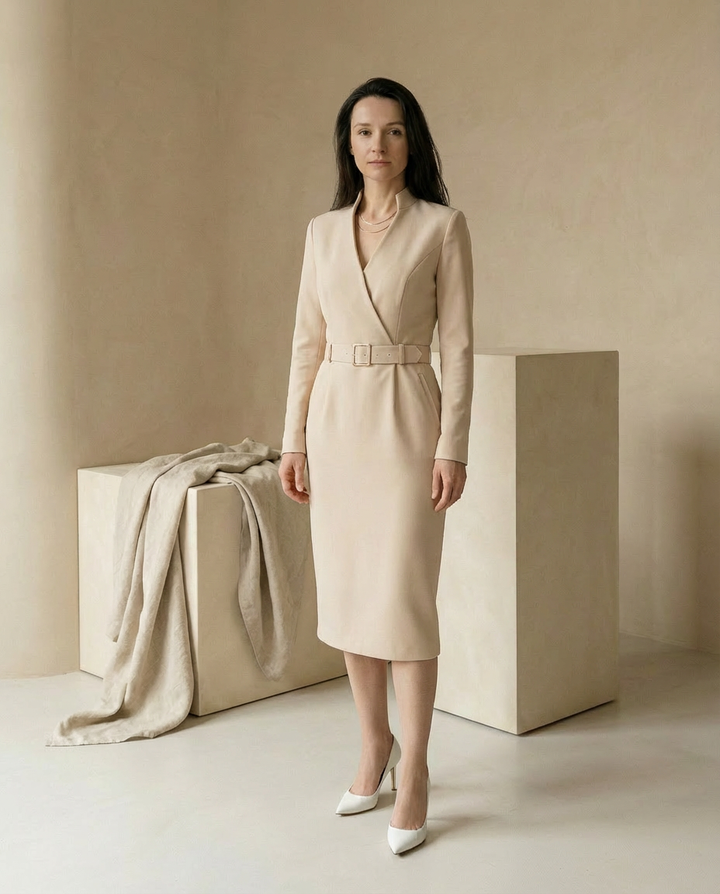 Sukienka Midi Elegancka | Dopasowany Krój | Zaznaczona Talia | Do Pracy i Na Oficjalne Okazje