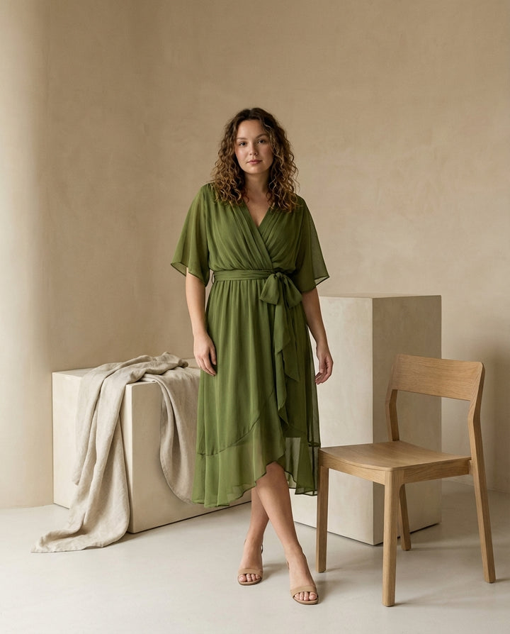 Sukienka Damska Midi Szyfonowa | Luźny Krój | Delikatny Pasek | Na Co Dzień