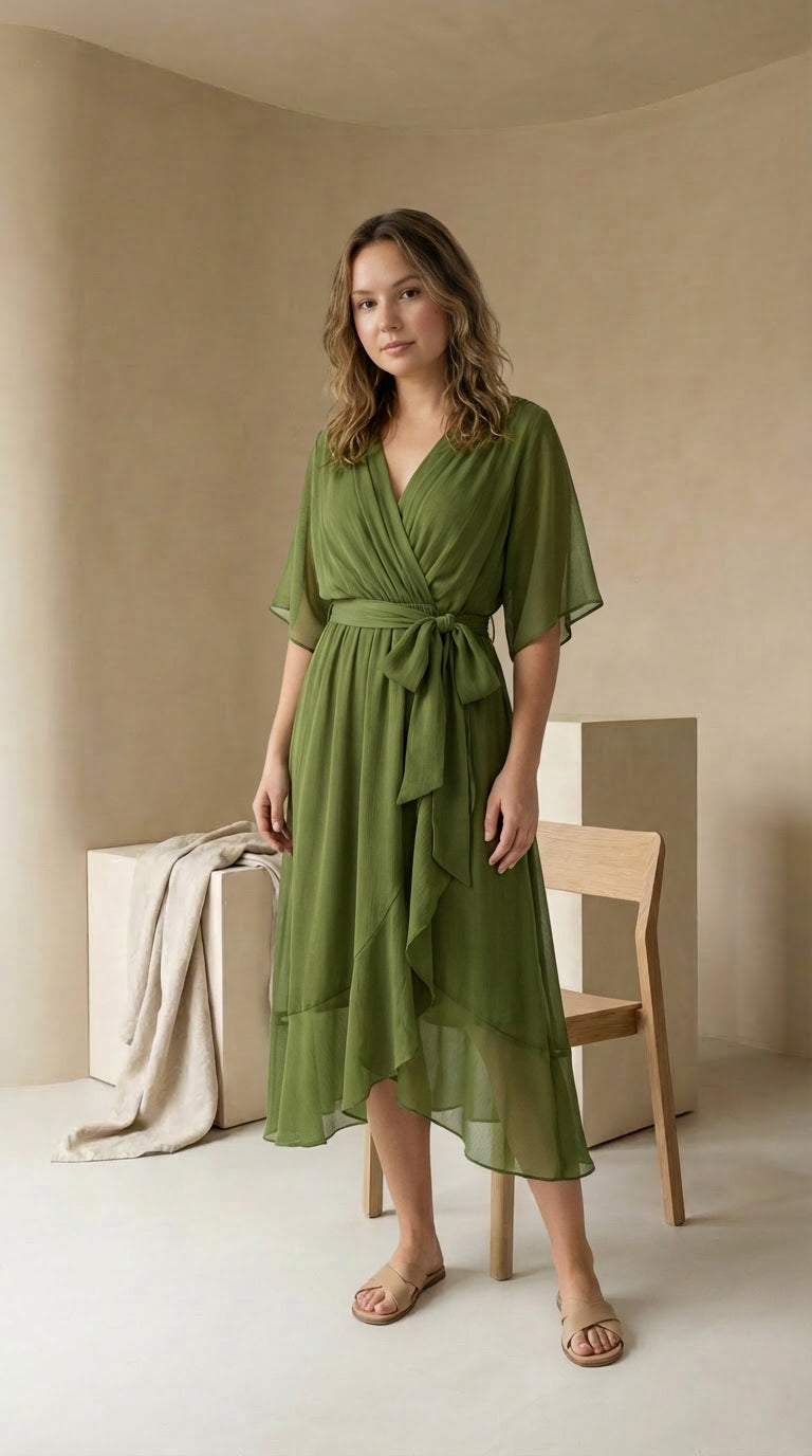 Sukienka Damska Midi Szyfonowa | Luźny Krój | Delikatny Pasek | Na Co Dzień