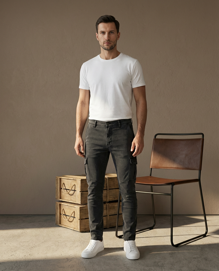 Męskie Spodnie Cargo Slim Fit | Elastyczny Materiał | Kieszenie z Klapami | Styl Miejski - 2