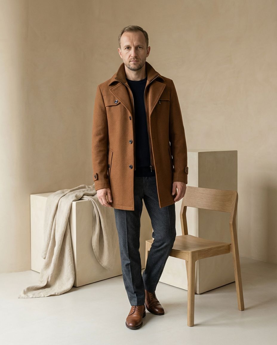 Męski Płaszcz z Podszewką i Stójką | Klasyczny Krój | Jesienno-Zimowy Styl - 2