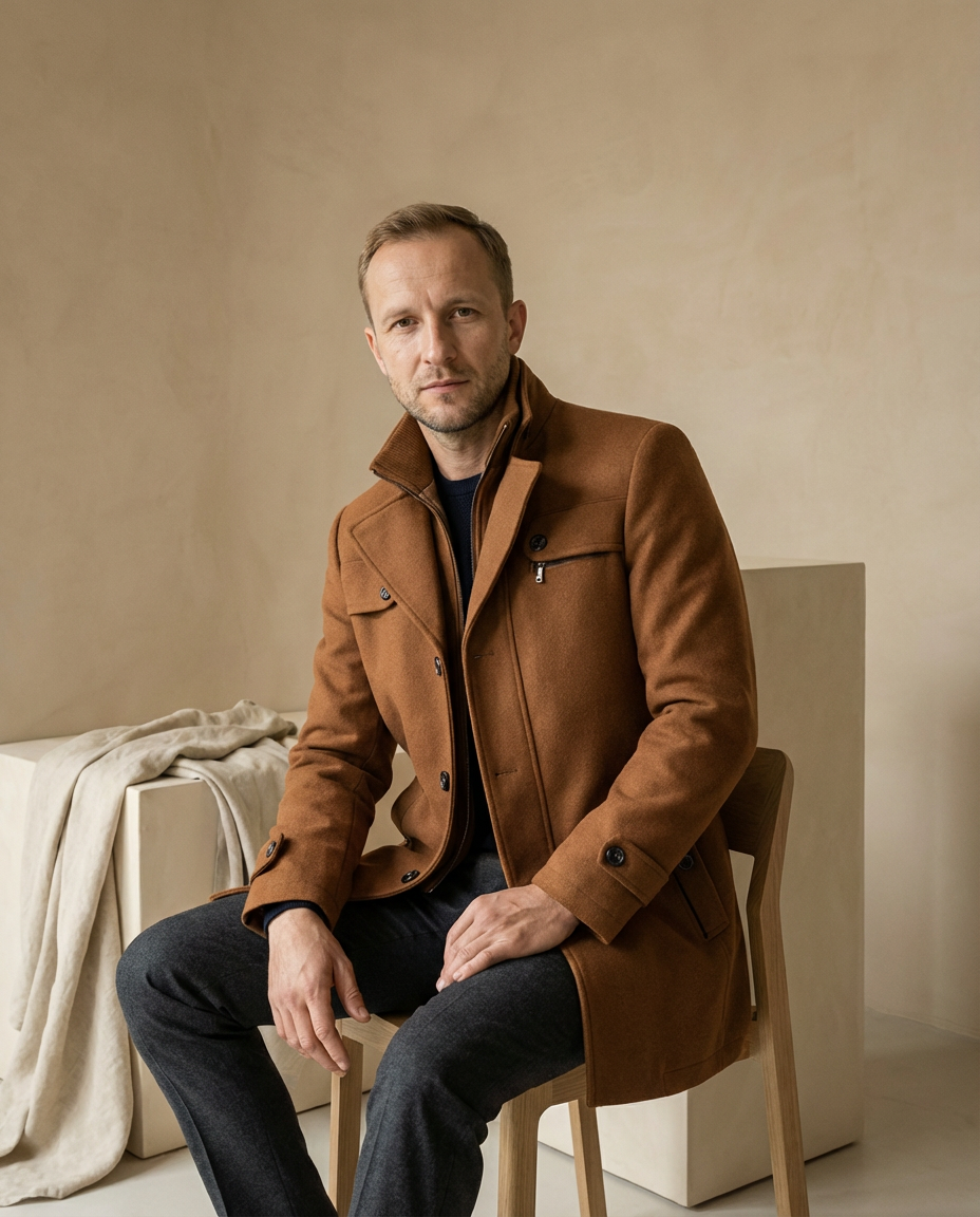 Męski Płaszcz z Podszewką i Stójką | Klasyczny Krój | Jesienno-Zimowy Styl - 3