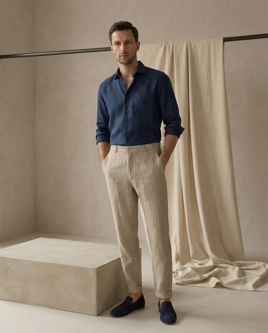 Lniane spodnie męskie | Prosty krój | Oddychający materiał | Na wiosnę i lato