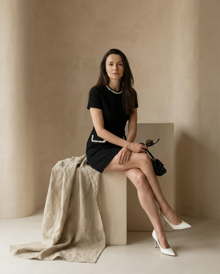 Sukienka Damska Mini Elegancka | Dopasowany Krój | Perłowe Wykończenie | Na Co Dzień i Na Wyjścia