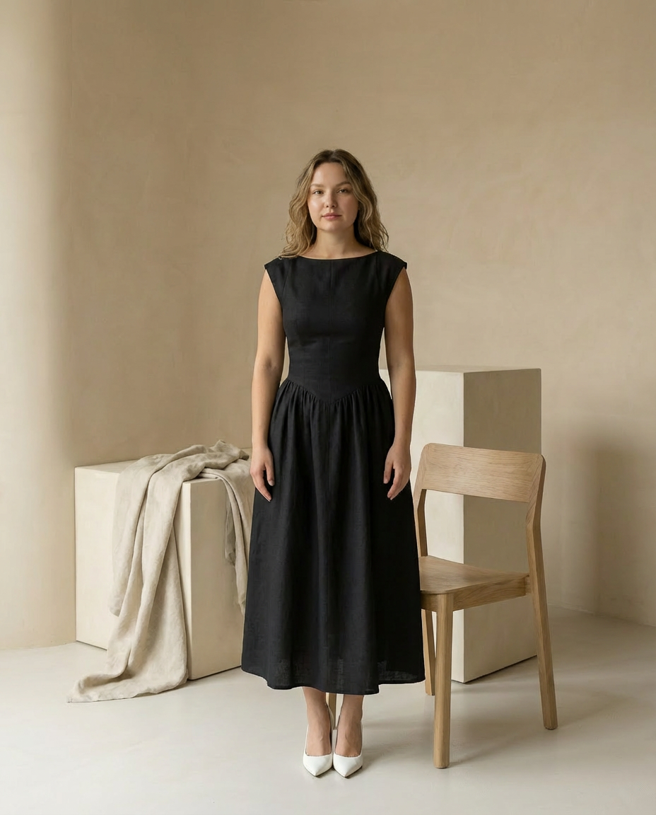 Sukienka Midi Damska Elegancka | Dopasowany Krój | Zwiewna Spódnica | Na Uroczystości