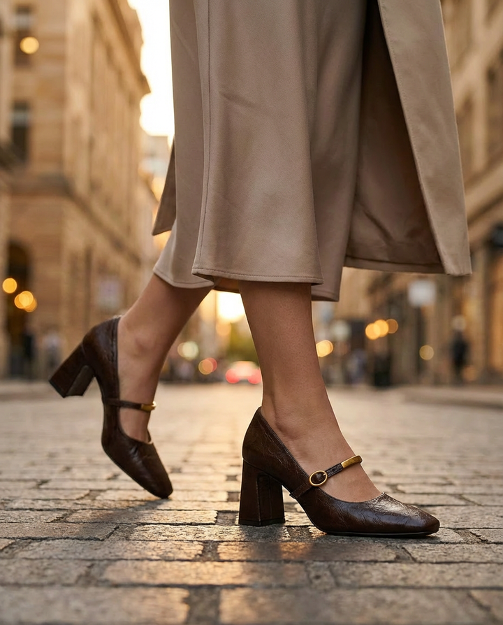 Szpilki Damskie Skórzane Mary Jane | Klasyczny Krój | Stabilny Obcas | Na Co Dzień