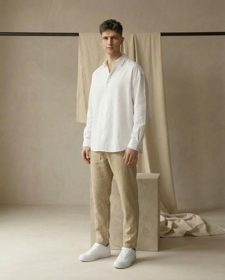 Lniane szerokie spodnie męskie | Wygodny krój | Regulowany pas | Na co dzień