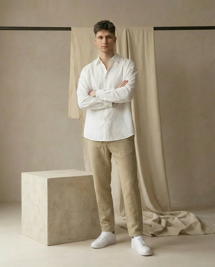 Lniane szerokie spodnie męskie | Wygodny krój | Regulowany pas | Na co dzień