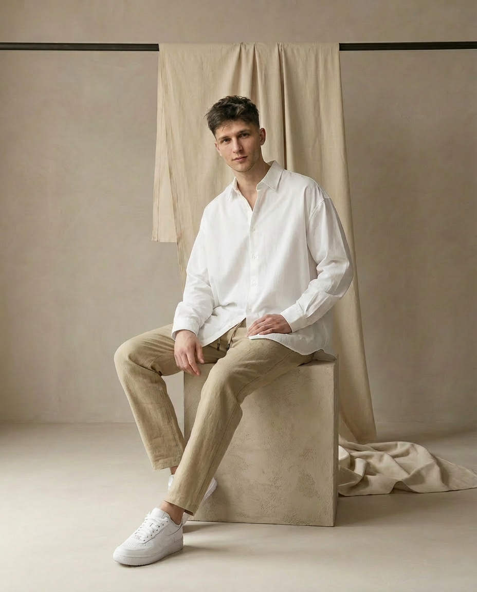 Lniane szerokie spodnie męskie | Wygodny krój | Regulowany pas | Na co dzień