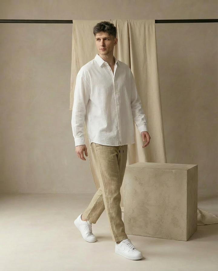 Lniane szerokie spodnie męskie | Wygodny krój | Regulowany pas | Na co dzień