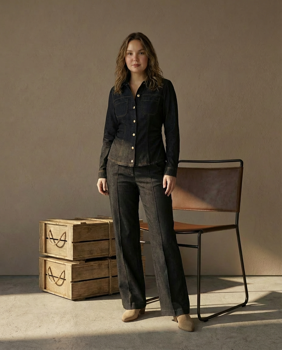 Komplet z Ciemnego Denimu | Koszula i Spodnie | Podkreślona Talia i Prosty Krój