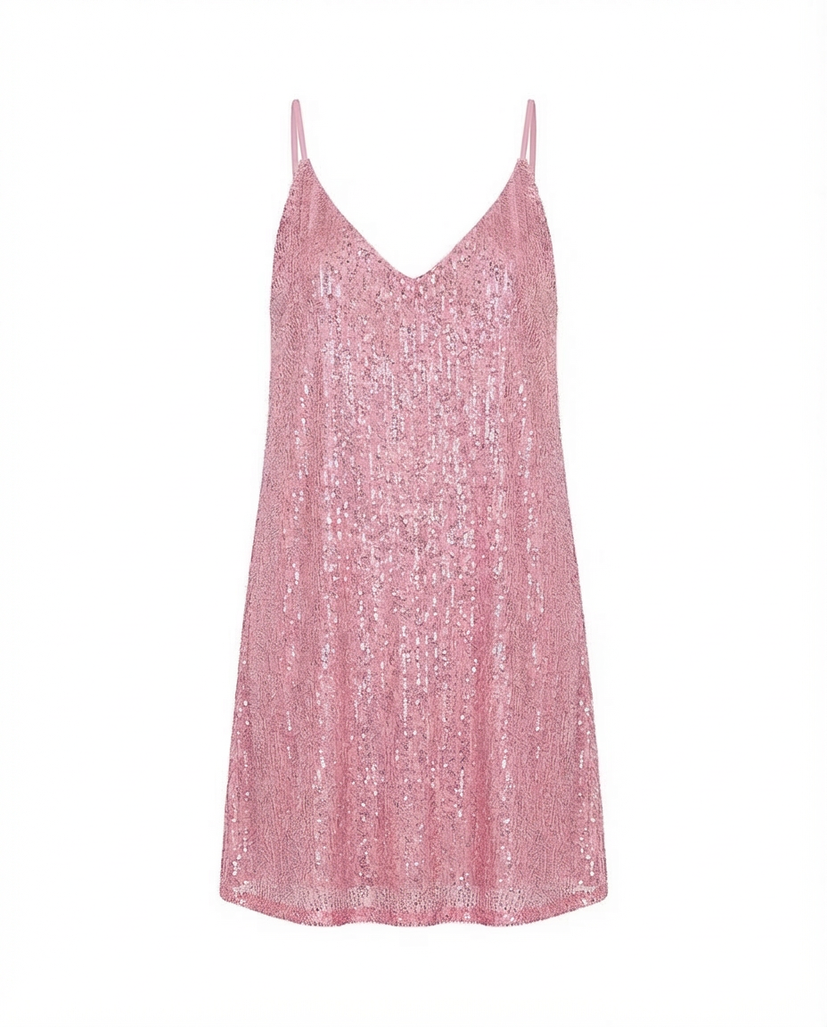 Krótka Sukienka z Cekinami | Lekki Luźny Krój z Dekoltem w Serek | Stylowa Sukienka na Imprezę