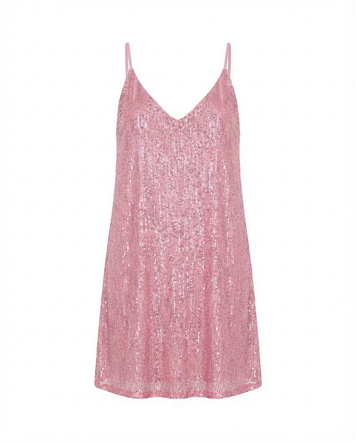 Krótka Sukienka z Cekinami | Lekki Luźny Krój z Dekoltem w Serek | Stylowa Sukienka na Imprezę