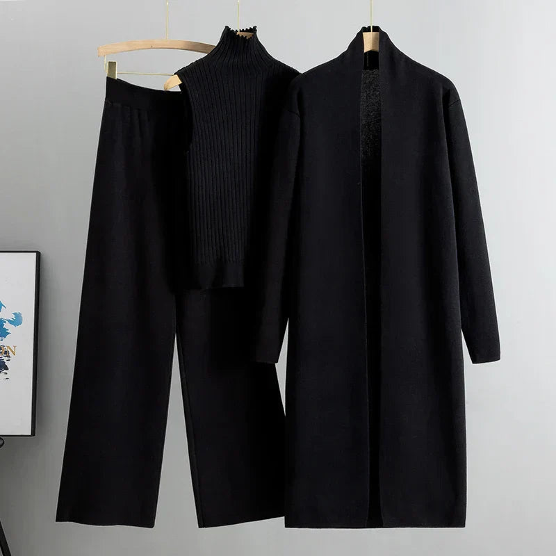 Damski Dzianinowy Komplet 3-Częściowy | Kardigan, Top i Spodnie | Elegancki Minimalizm | Na Jesień i Zimę