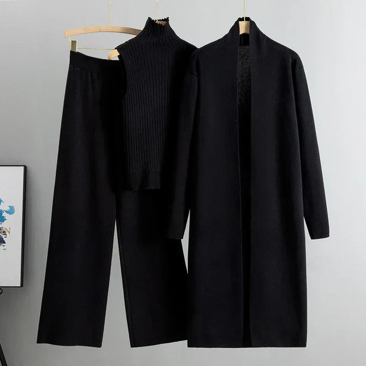 Damski Dzianinowy Komplet 3-Częściowy | Kardigan, Top i Spodnie | Elegancki Minimalizm | Na Jesień i Zimę
