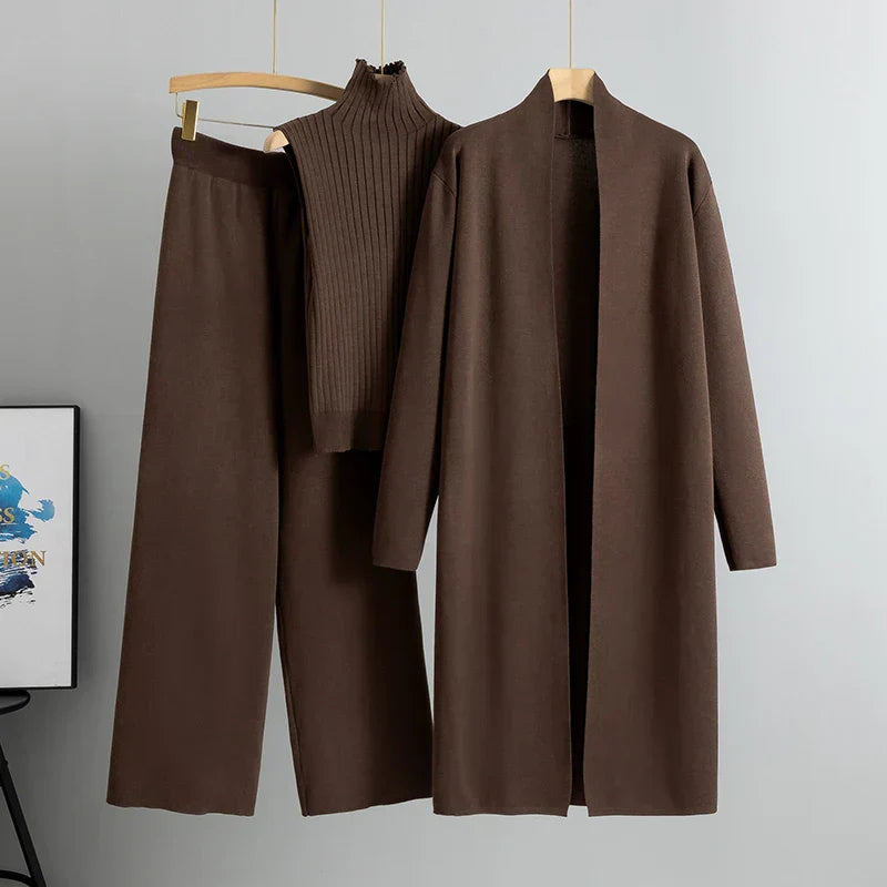 Damski Dzianinowy Komplet 3-Częściowy | Kardigan, Top i Spodnie | Elegancki Minimalizm | Na Jesień i Zimę