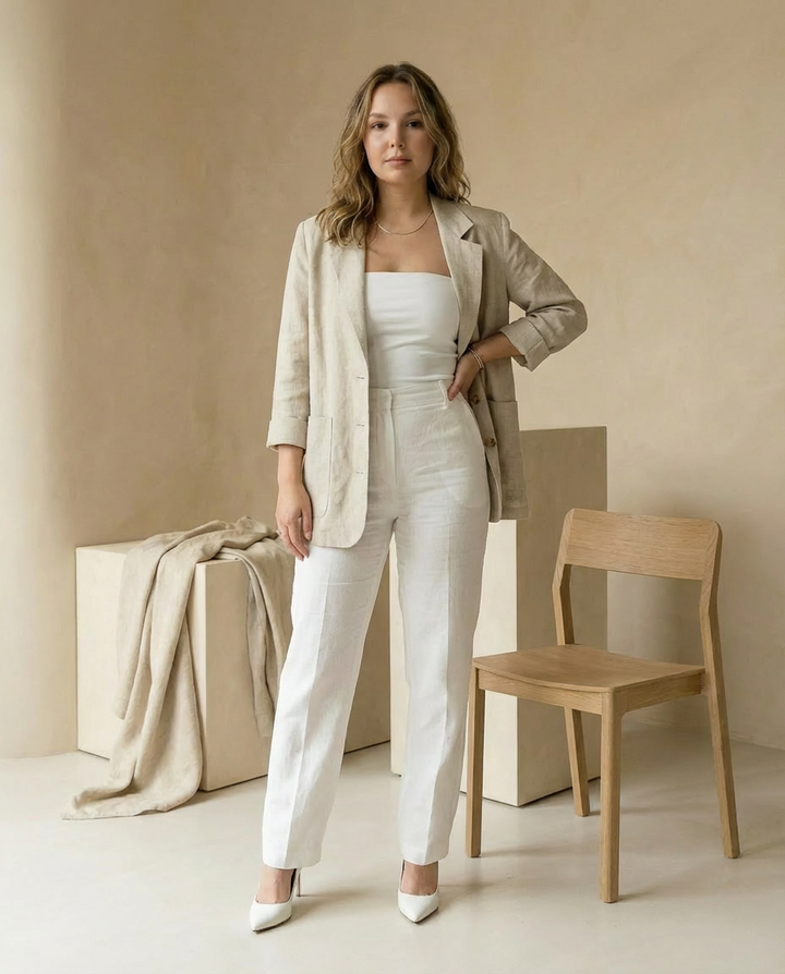 Marynarka Damska Lniana Elegancka | Luźny Krój | Miękka Klapa | Na Wczesną Jesień