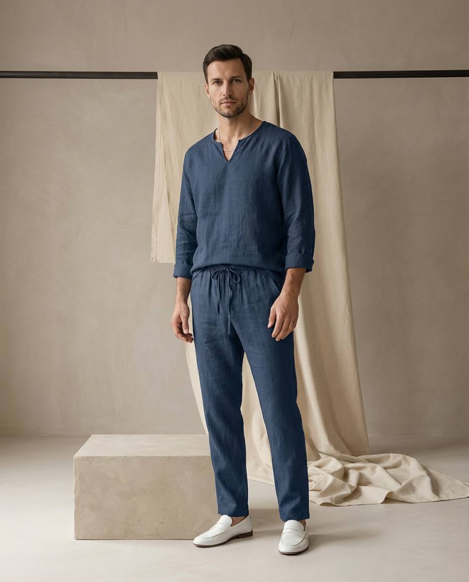 Komplet męski: koszula i spodnie | Dopasowany | Wygodny dekolt w serek | Swobodny