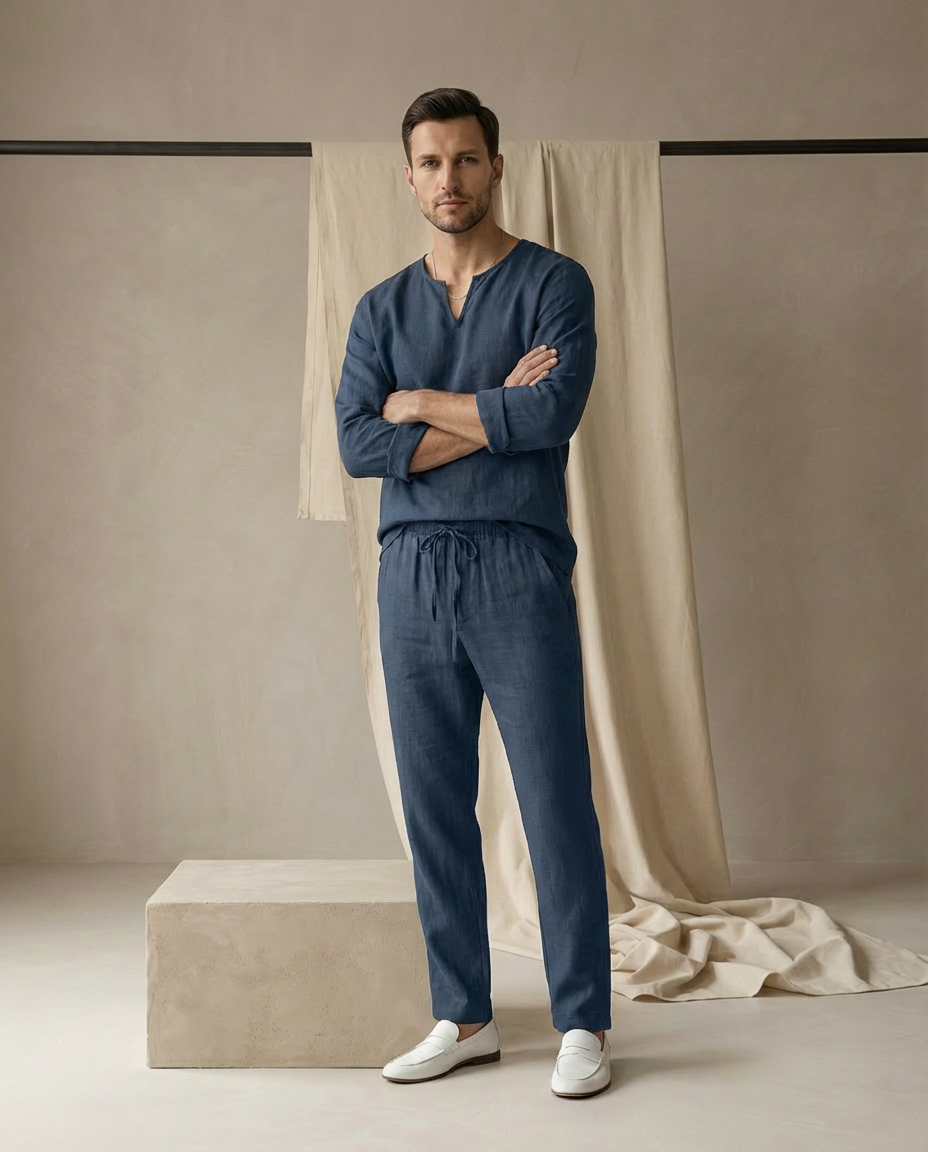 Komplet męski: koszula i spodnie | Dopasowany | Wygodny dekolt w serek | Swobodny