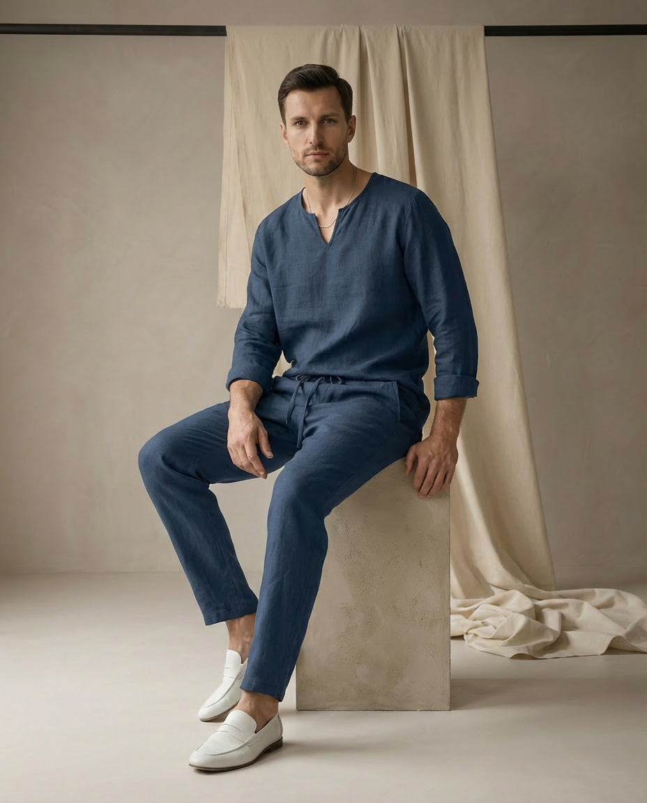 Komplet męski: koszula i spodnie | Dopasowany | Wygodny dekolt w serek | Swobodny
