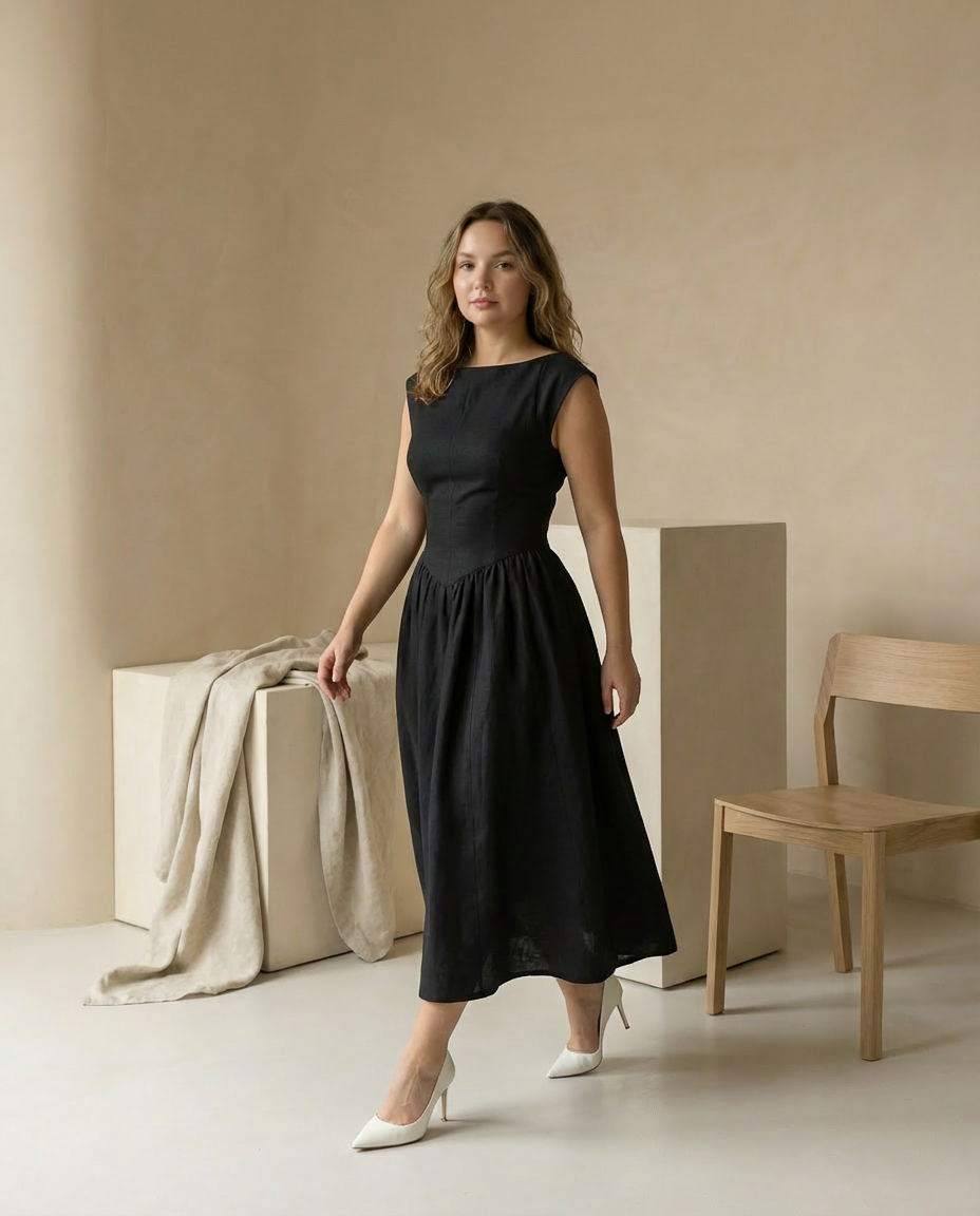 Sukienka Midi Damska Elegancka | Dopasowany Krój | Zwiewna Spódnica | Na Uroczystości