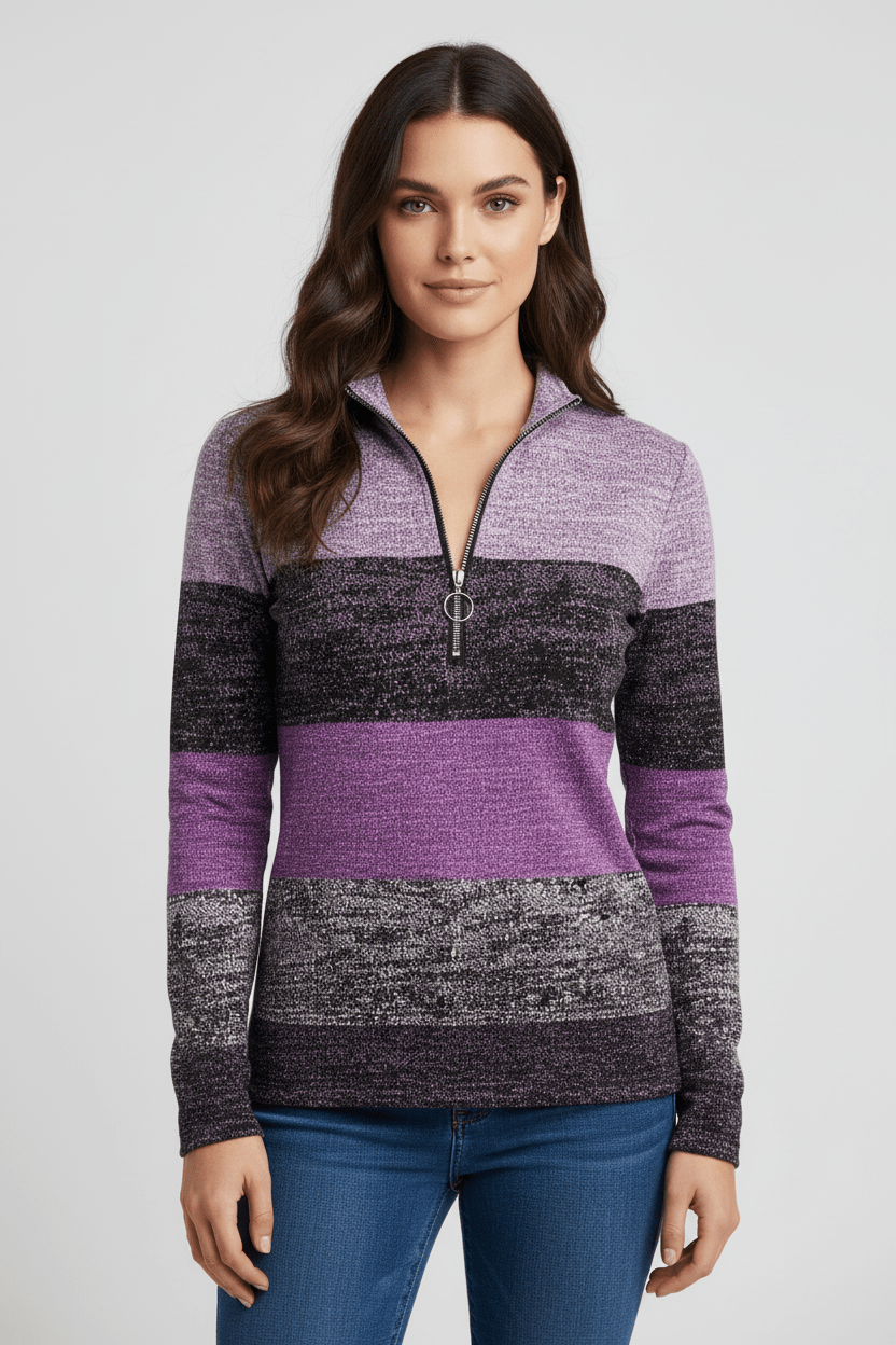 Bluzka z Długim Rękawem i Zamkiem | Cieniowany Wzór w Pasy | Styl Casual