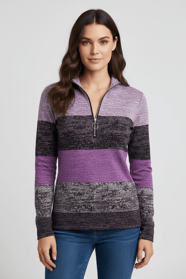 Bluzka z Długim Rękawem i Zamkiem | Cieniowany Wzór w Pasy | Styl Casual