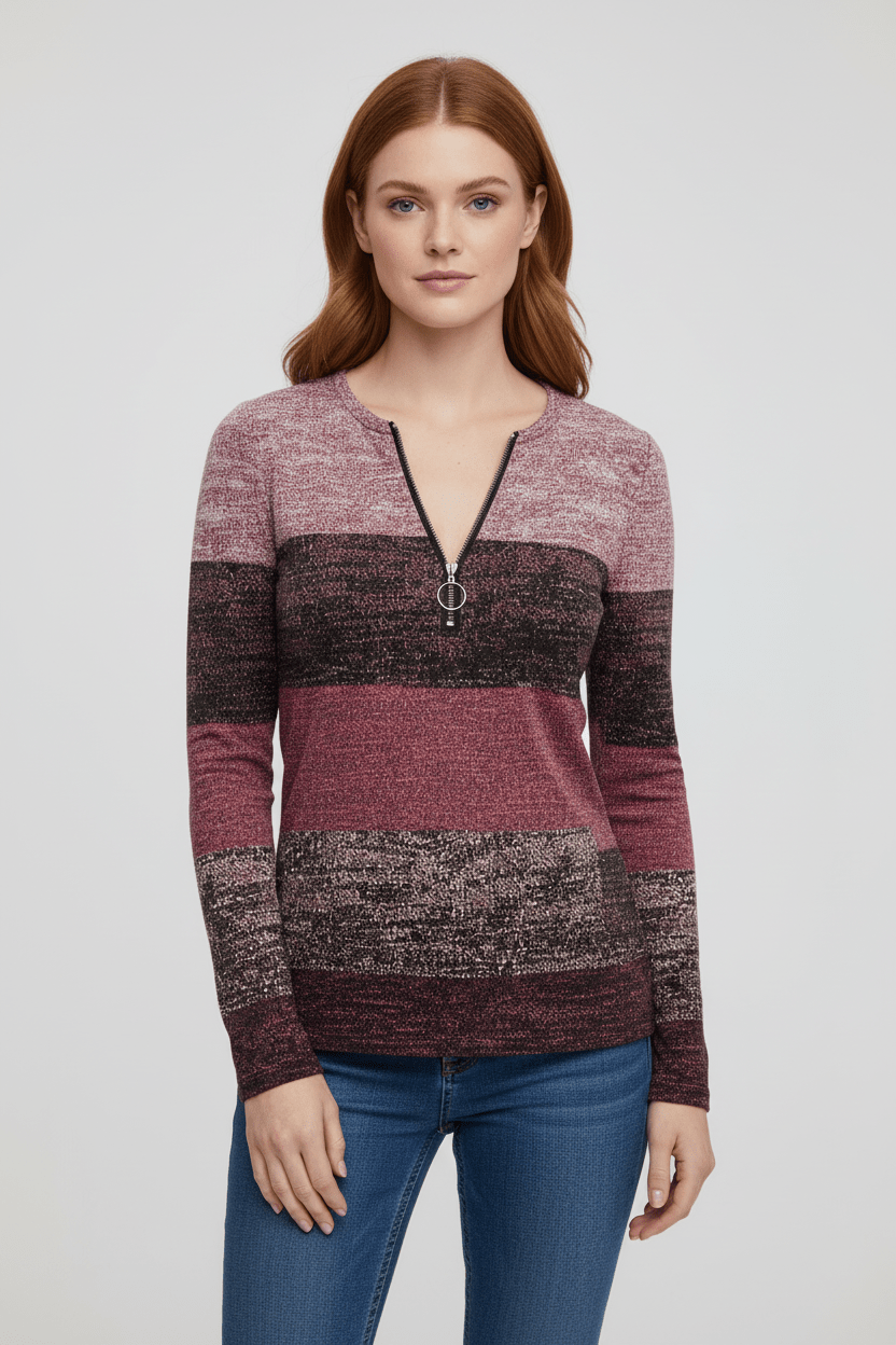 Bluzka z Długim Rękawem i Zamkiem | Cieniowany Wzór w Pasy | Styl Casual