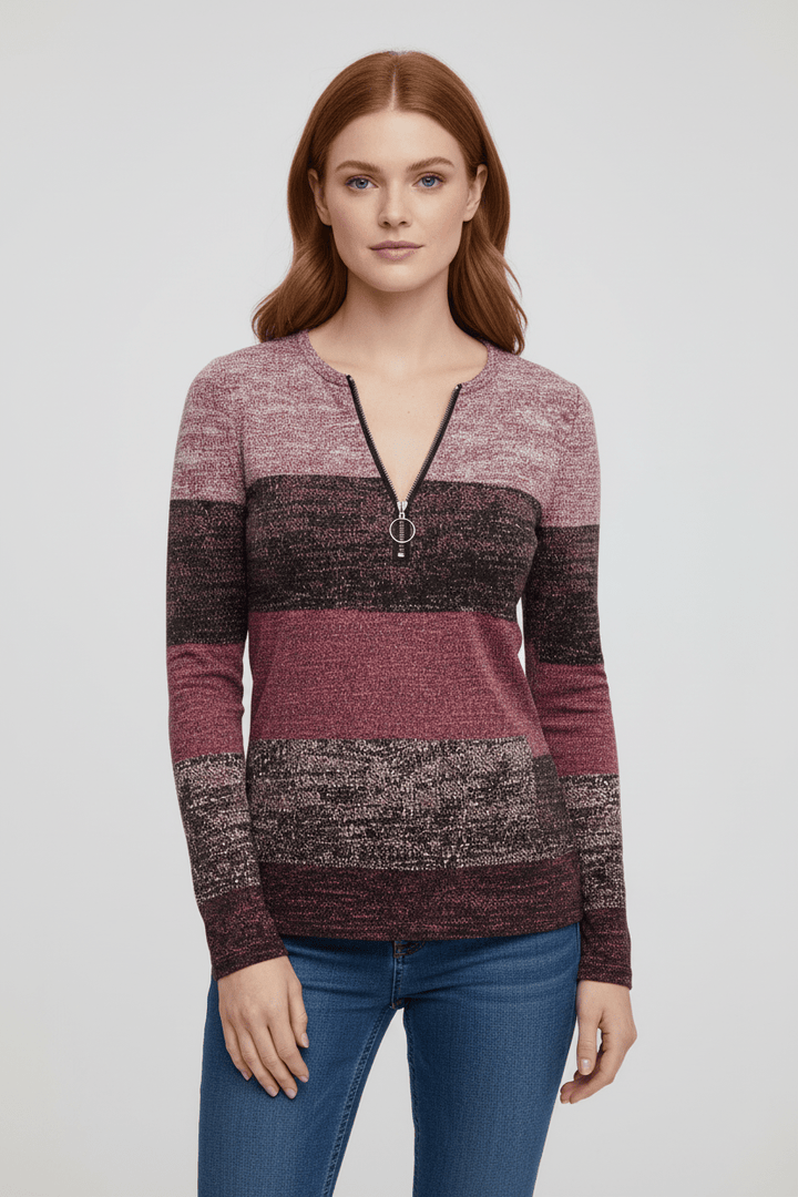 Bluzka z Długim Rękawem i Zamkiem | Cieniowany Wzór w Pasy | Styl Casual