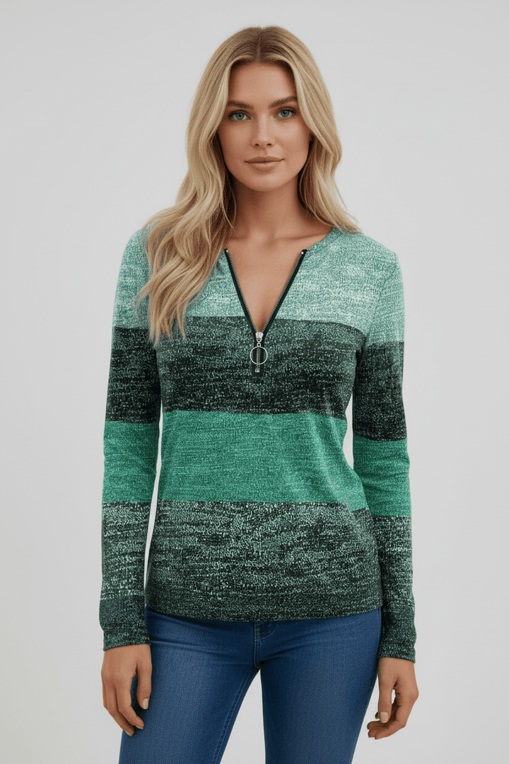 Bluzka z Długim Rękawem i Zamkiem | Cieniowany Wzór w Pasy | Styl Casual