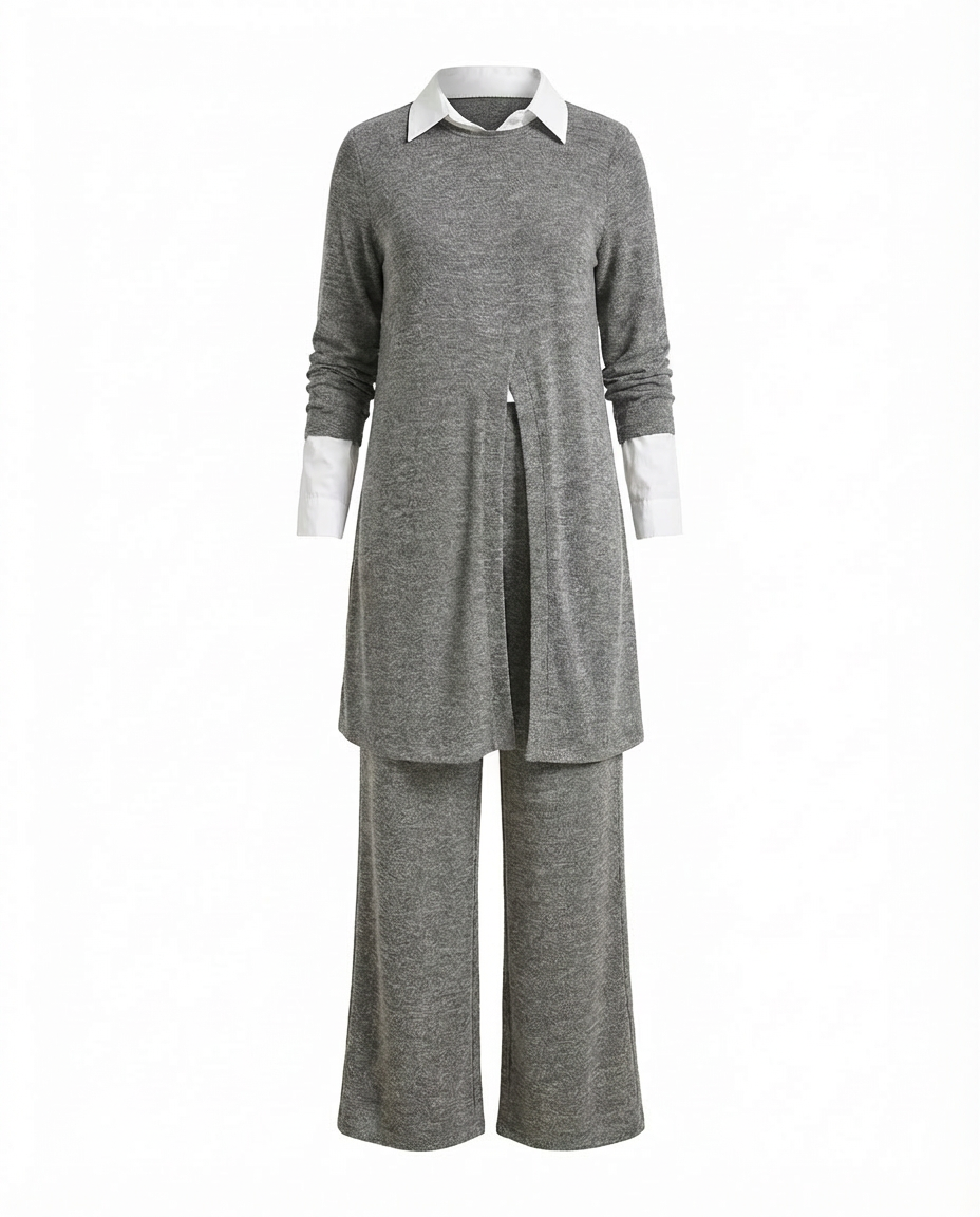 Komplet z Tunika Koszulową | Elegancki Minimalizm | Długie Spodnie i Długi Rękaw - 12