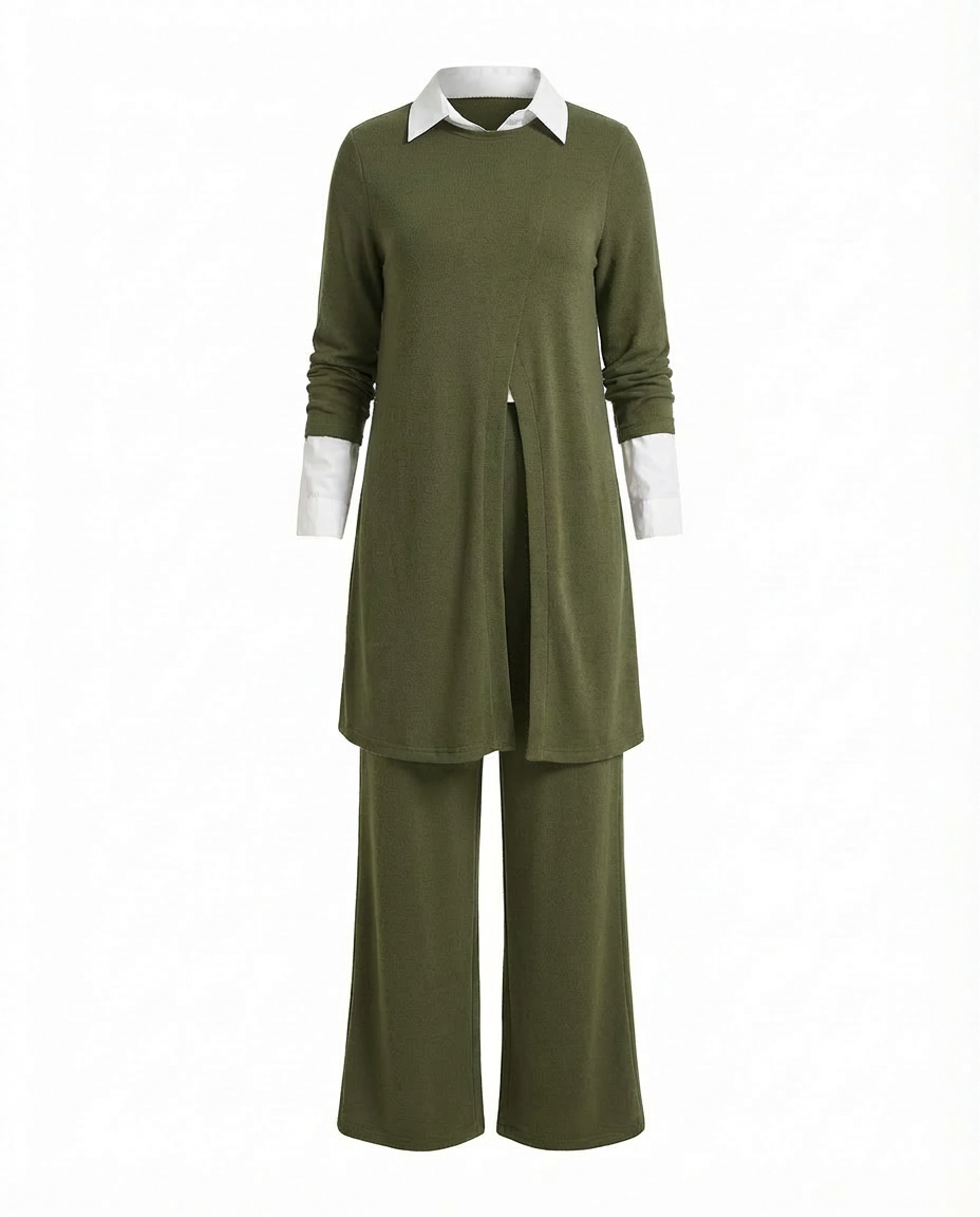 Komplet z Tunika Koszulową | Elegancki Minimalizm | Długie Spodnie i Długi Rękaw - 11