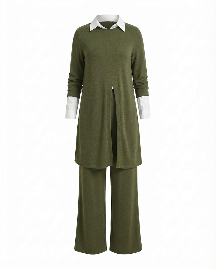 Komplet z Tunika Koszulową | Elegancki Minimalizm | Długie Spodnie i Długi Rękaw - 11