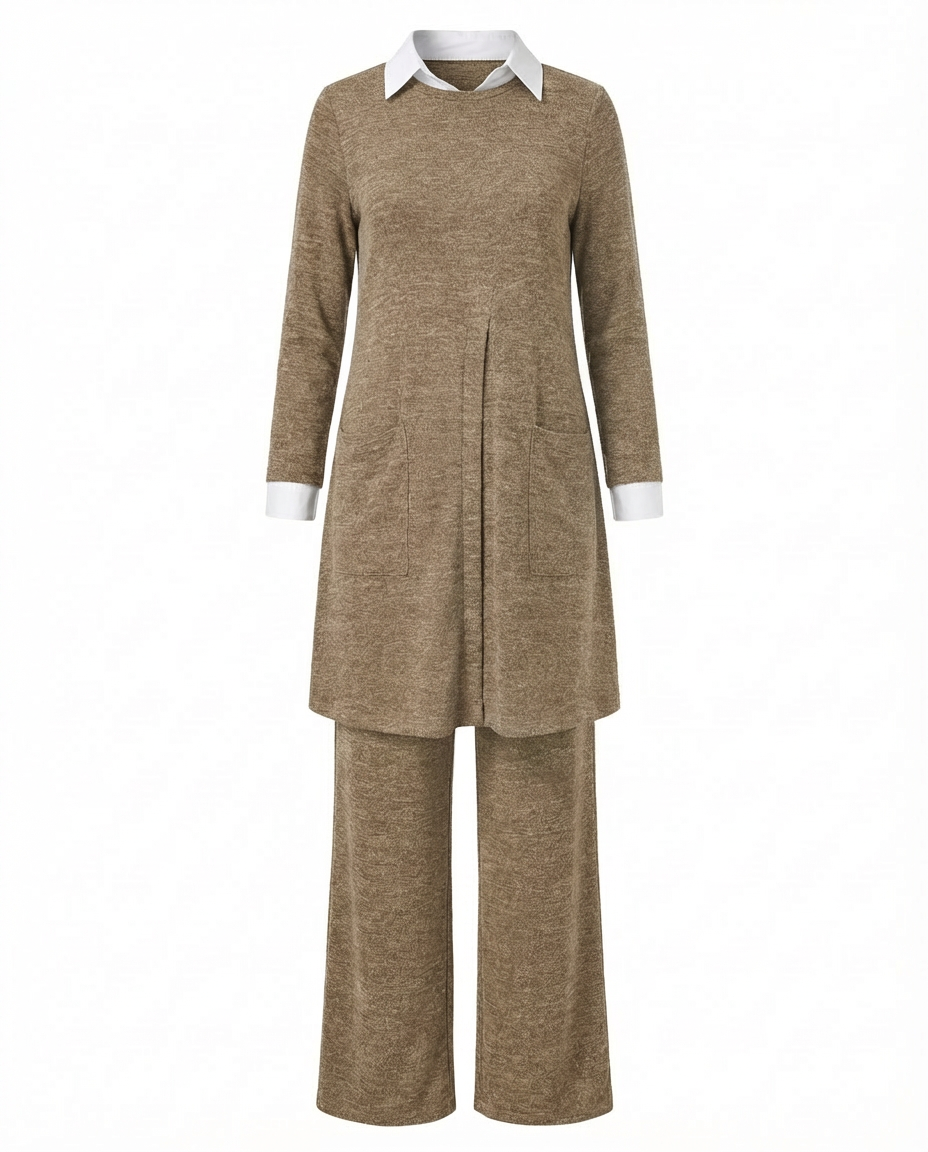 Komplet z Tunika Koszulową | Elegancki Minimalizm | Długie Spodnie i Długi Rękaw - 10