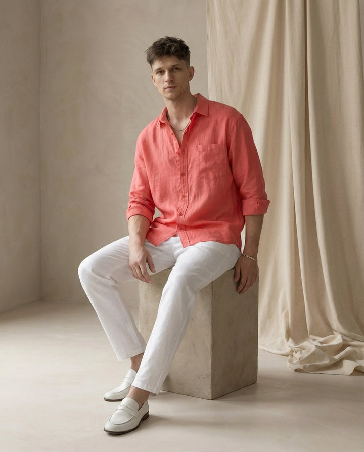 Koszula lniana męska | Luźny krój | Praktyczna kieszeń | Na lato