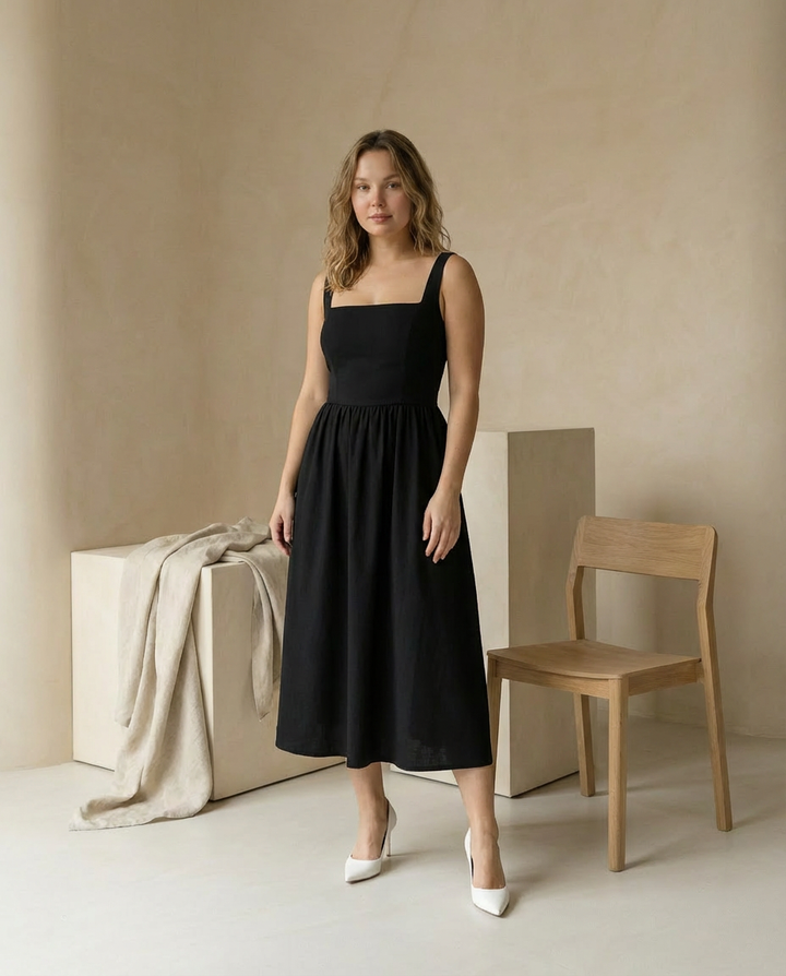 Elegancka Rozkloszowana Sukienka Midi | Bez Rękawów | Ponadczasowa i Szykowna - 2