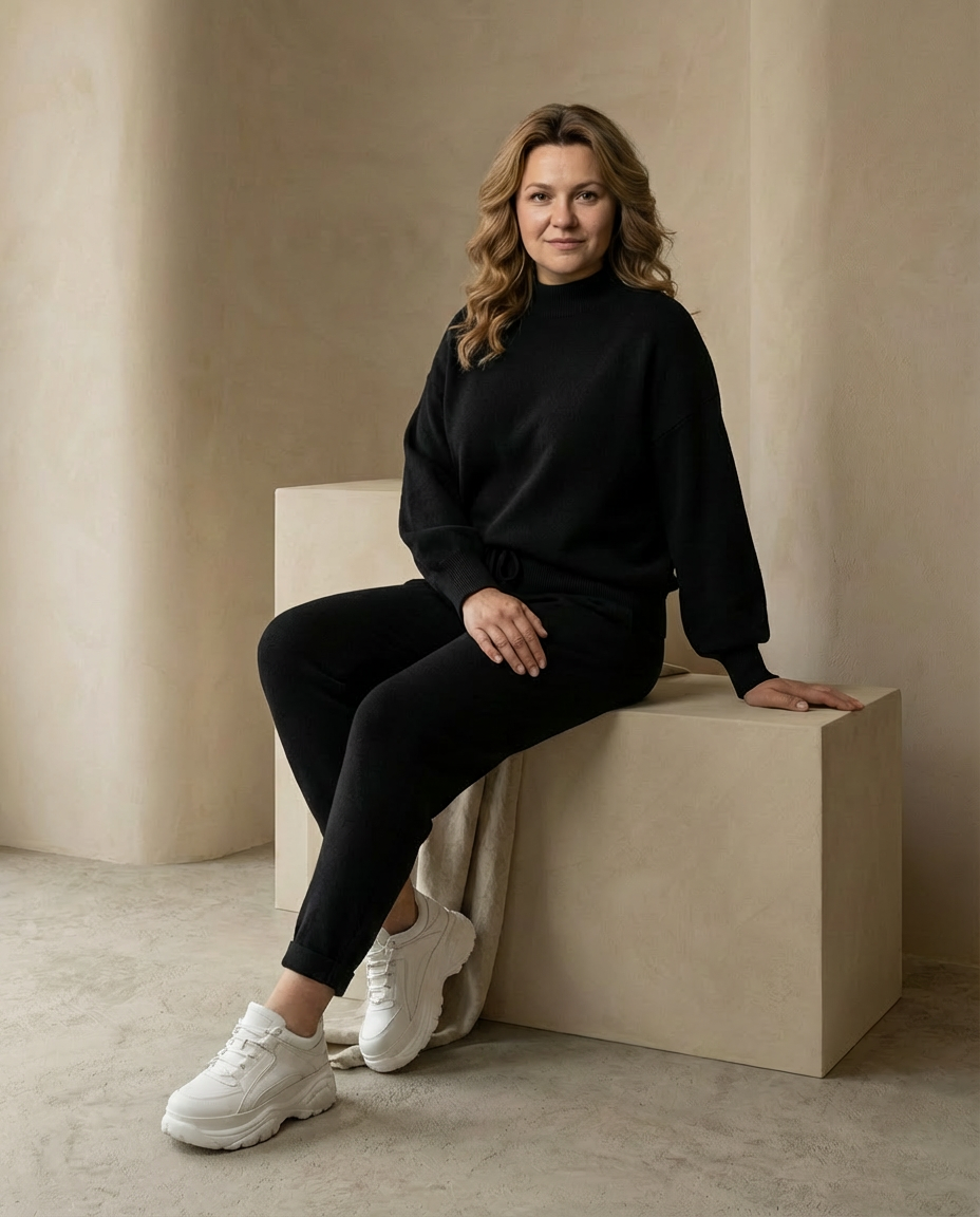 Daisy Dwuczęściowy Zestaw Domowy | Luźny Sweter z Golfem, Spodnie z Wysokim Stanem - 3