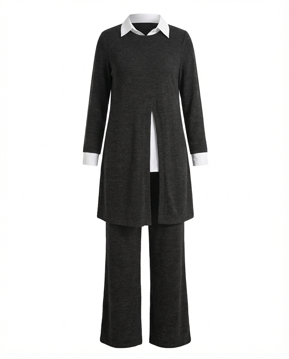 Komplet z Tunika Koszulową | Elegancki Minimalizm | Długie Spodnie i Długi Rękaw - 1