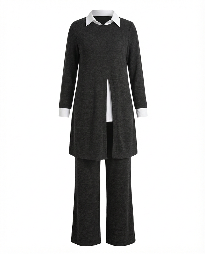 Komplet z Tunika Koszulową | Elegancki Minimalizm | Długie Spodnie i Długi Rękaw - 1