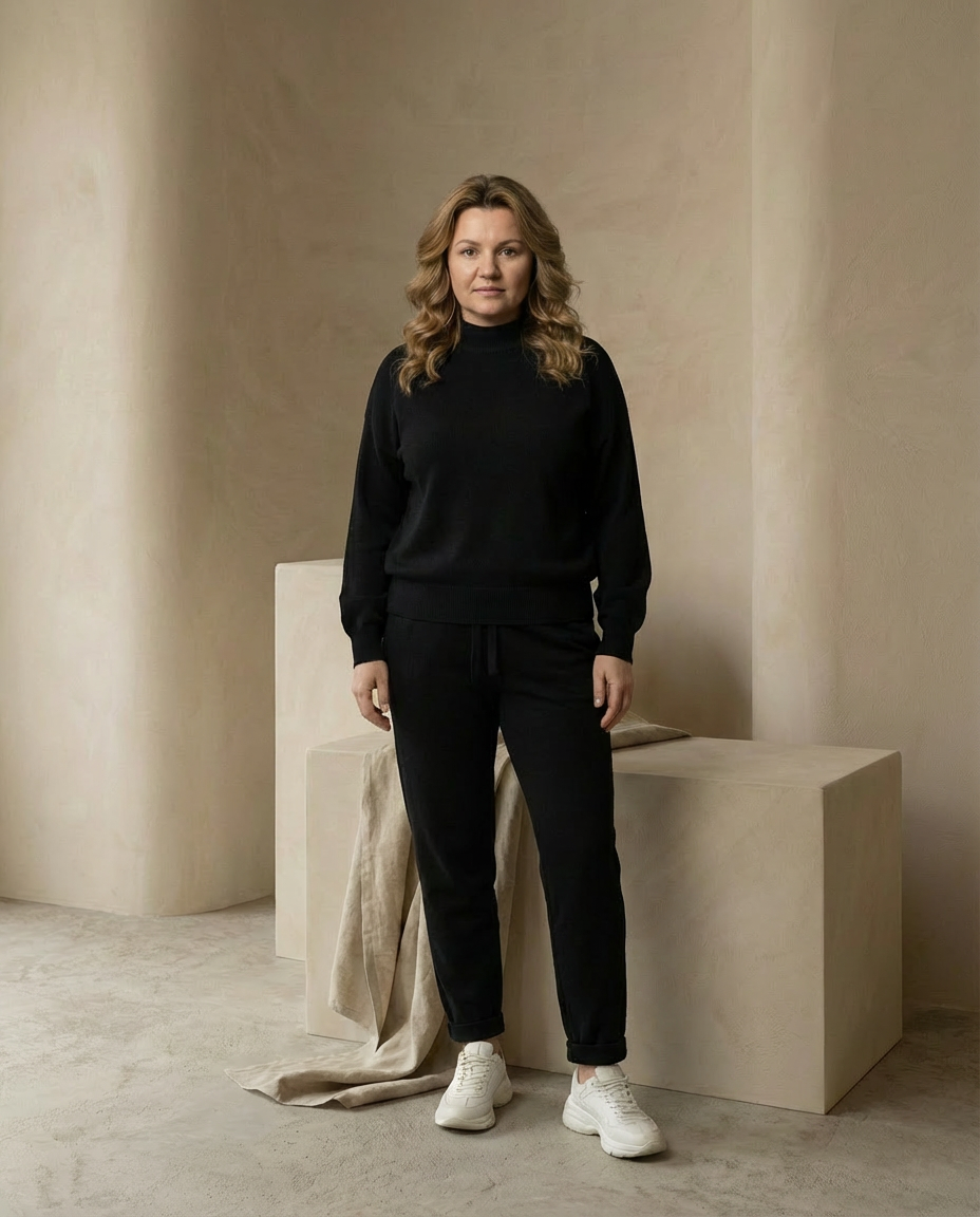 Daisy Dwuczęściowy Zestaw Domowy | Luźny Sweter z Golfem, Spodnie z Wysokim Stanem - 2