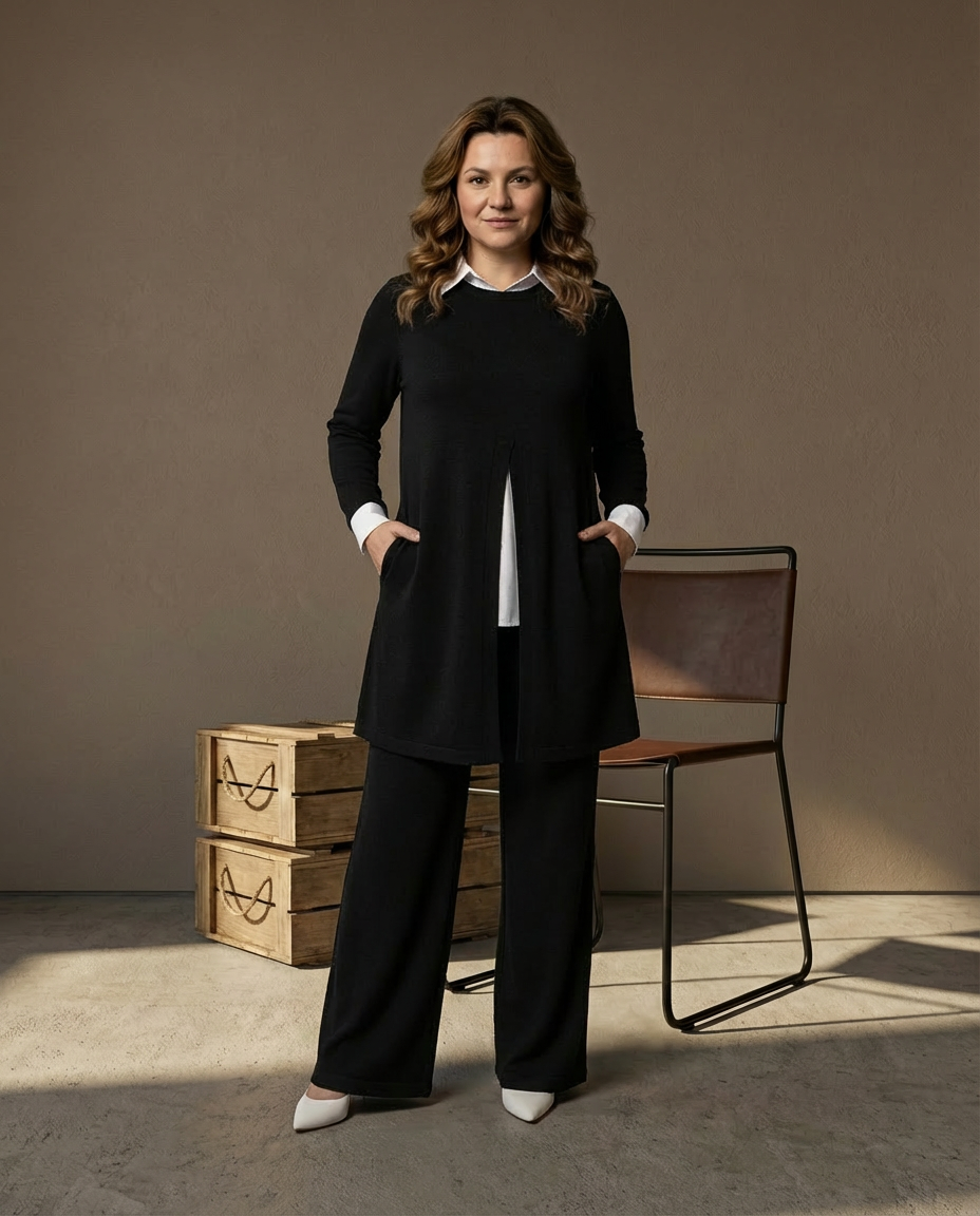 Komplet z Tunika Koszulową | Elegancki Minimalizm | Długie Spodnie i Długi Rękaw - 3