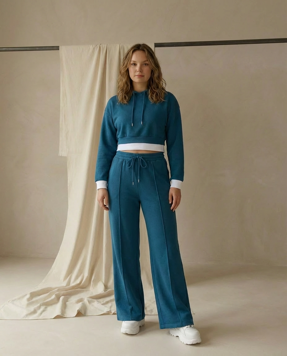 Damski Dres Dwuczęściowy | Bluza z Kapturem | Spodnie z Szeroką Nogawką | Styl Casual - 2