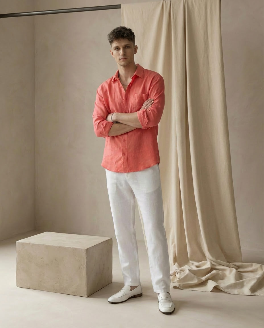 Koszula lniana męska | Luźny krój | Praktyczna kieszeń | Na lato