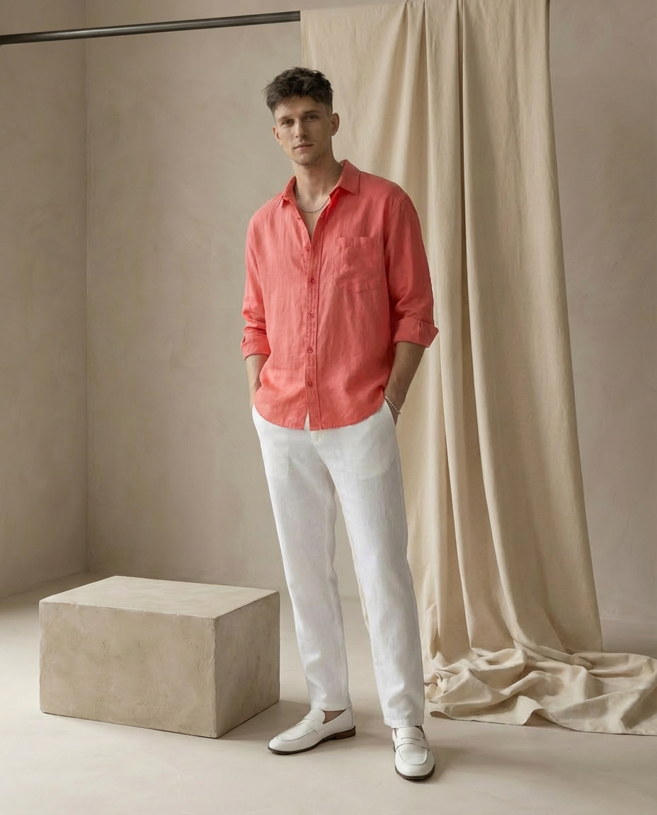 Koszula lniana męska | Luźny krój | Praktyczna kieszeń | Na lato