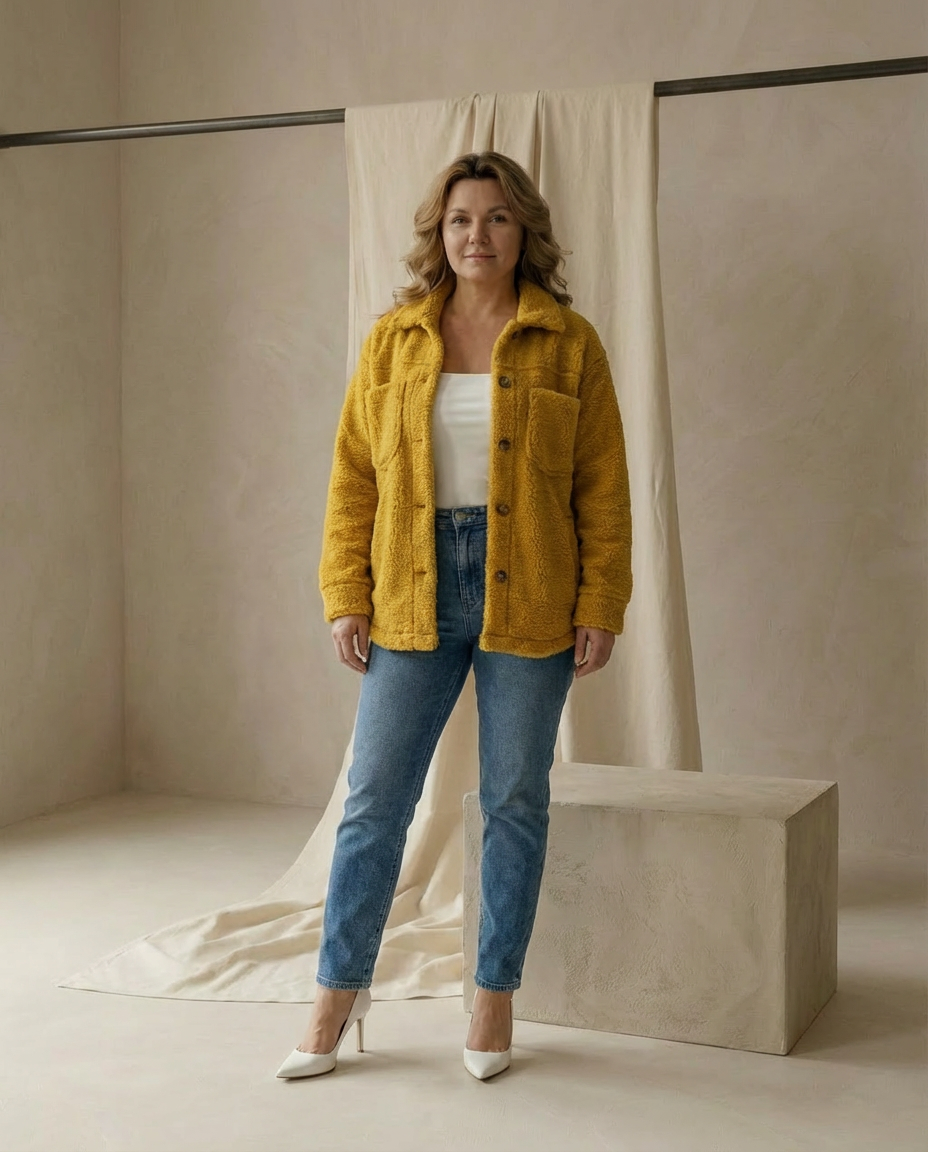 Damska Kurtka z Baranka | Krótki Fason | Guziki i Kieszenie | Styl Casual na Co Dzień - 2