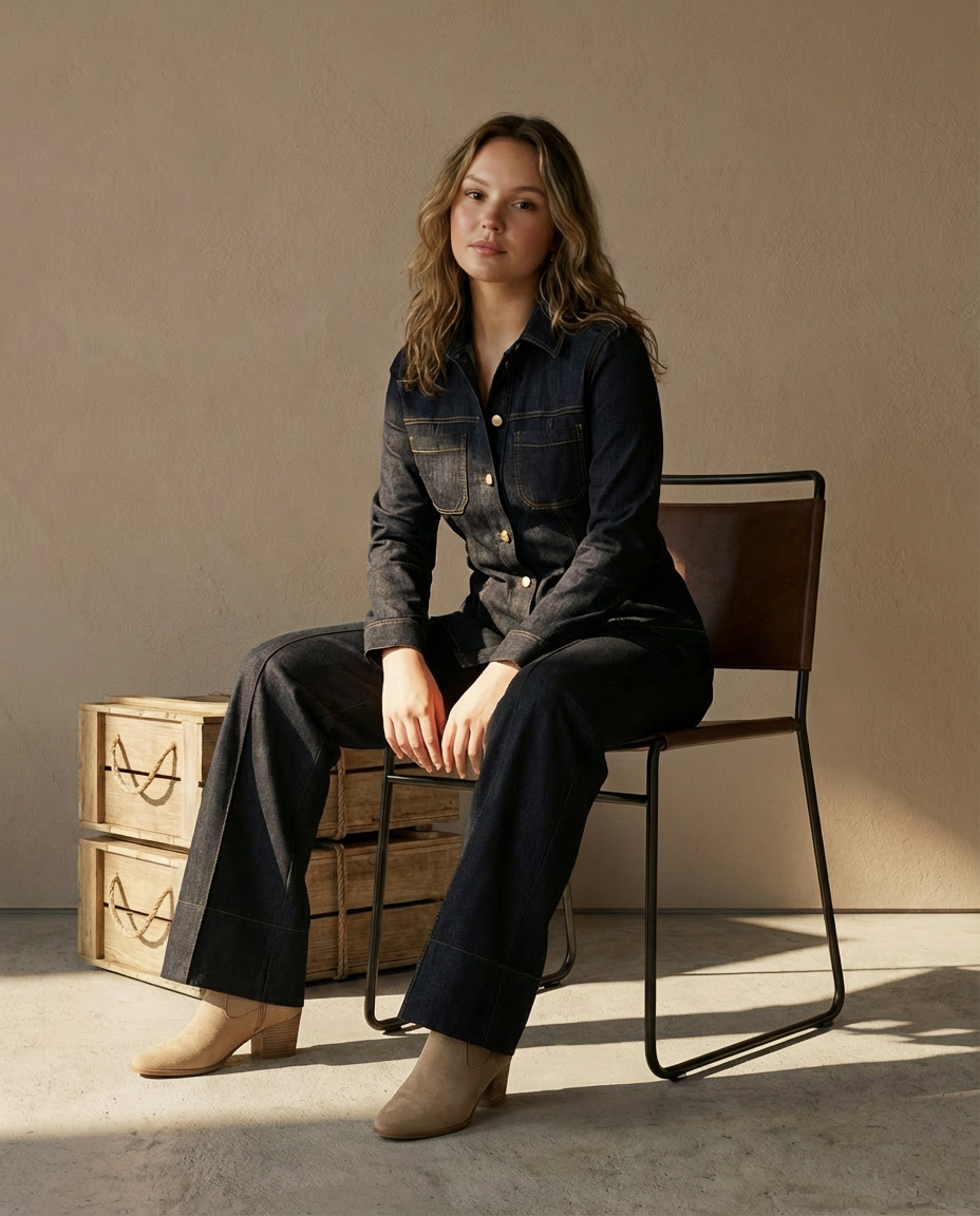 Komplet z Ciemnego Denimu | Koszula i Spodnie | Podkreślona Talia i Prosty Krój