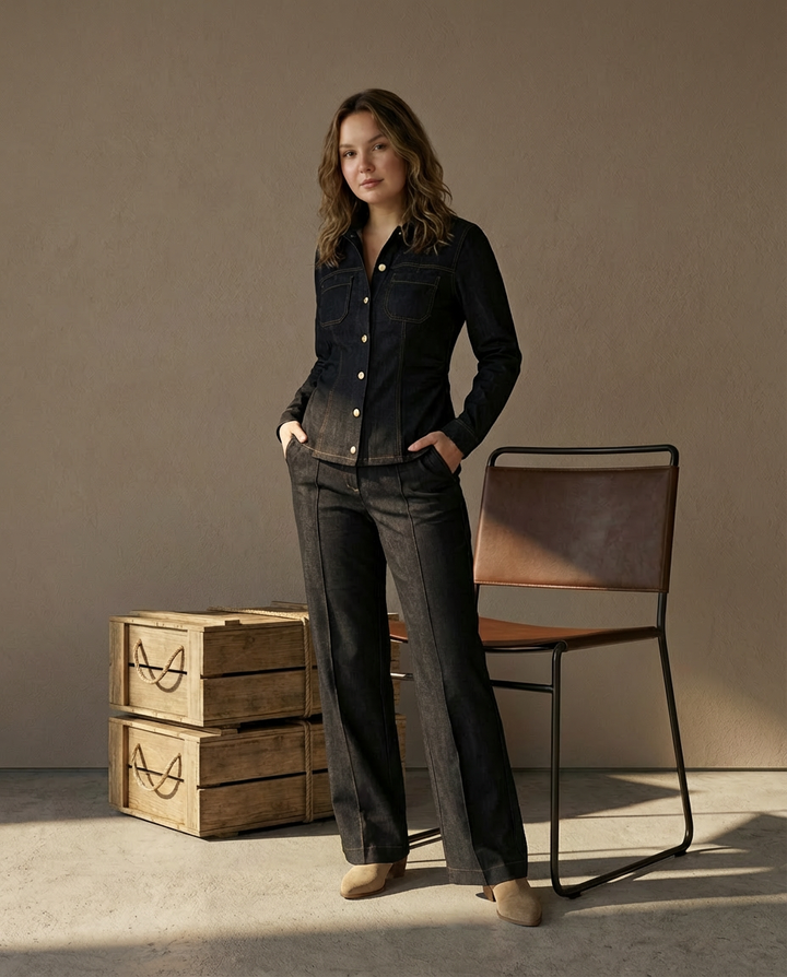 Komplet z Ciemnego Denimu | Koszula i Spodnie | Podkreślona Talia i Prosty Krój